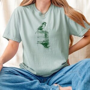 Bird on Birdcage Ink Sketch Graphic Tee Artistic Design